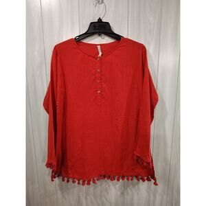 Women's Red 100% Cotton Red Tassel Blouse Size M Boho Embellish Festival Artsy
